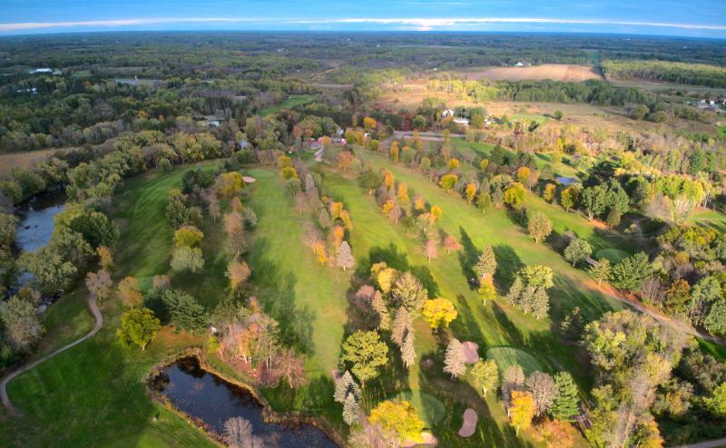 Aerial view of golf course.