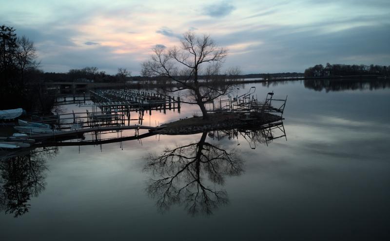 Just before sundown, the water is completely still on Lake Minnetonka, A tree casts a perfect reflection in the lake, with an empty harbor behind it. The tree is on a small island just off shore.