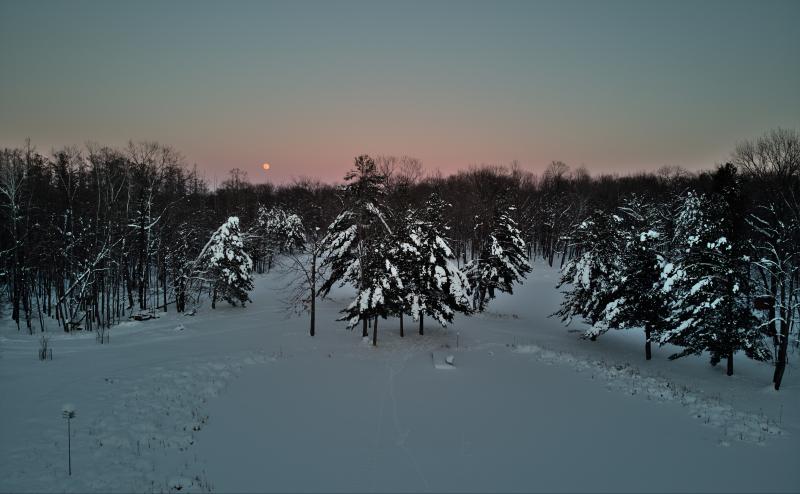 Full moon is visible over the treeline. Foreground is a snow covered pond. Mostly pine trees at the heart of image.